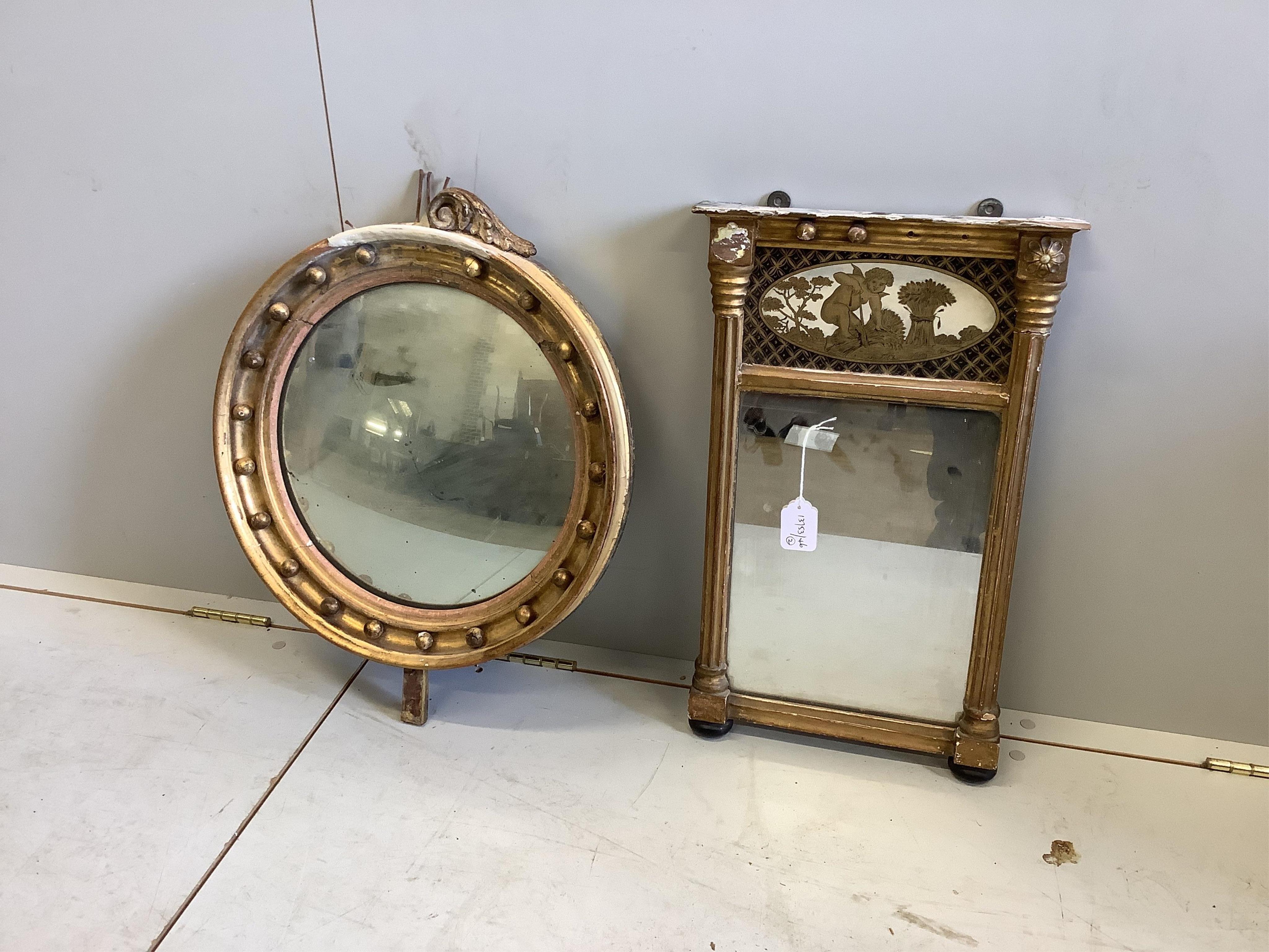 A Regency giltwood pier mirror, inset verre eglomise panel depicting 'Harvest', height 58cm together with a convex giltwood mirror, diameter 47cm, requiring restoration